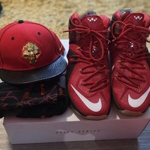 Red Nike Elite Series XII LEBRON Sneakers and Cap Set